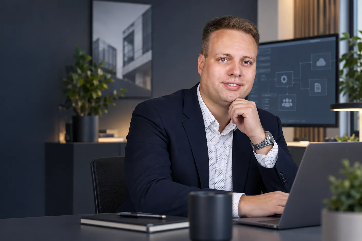 Nils Lappenbusch am Schreibtisch, auf dem Bildschirm ein Architektur-Diagramm