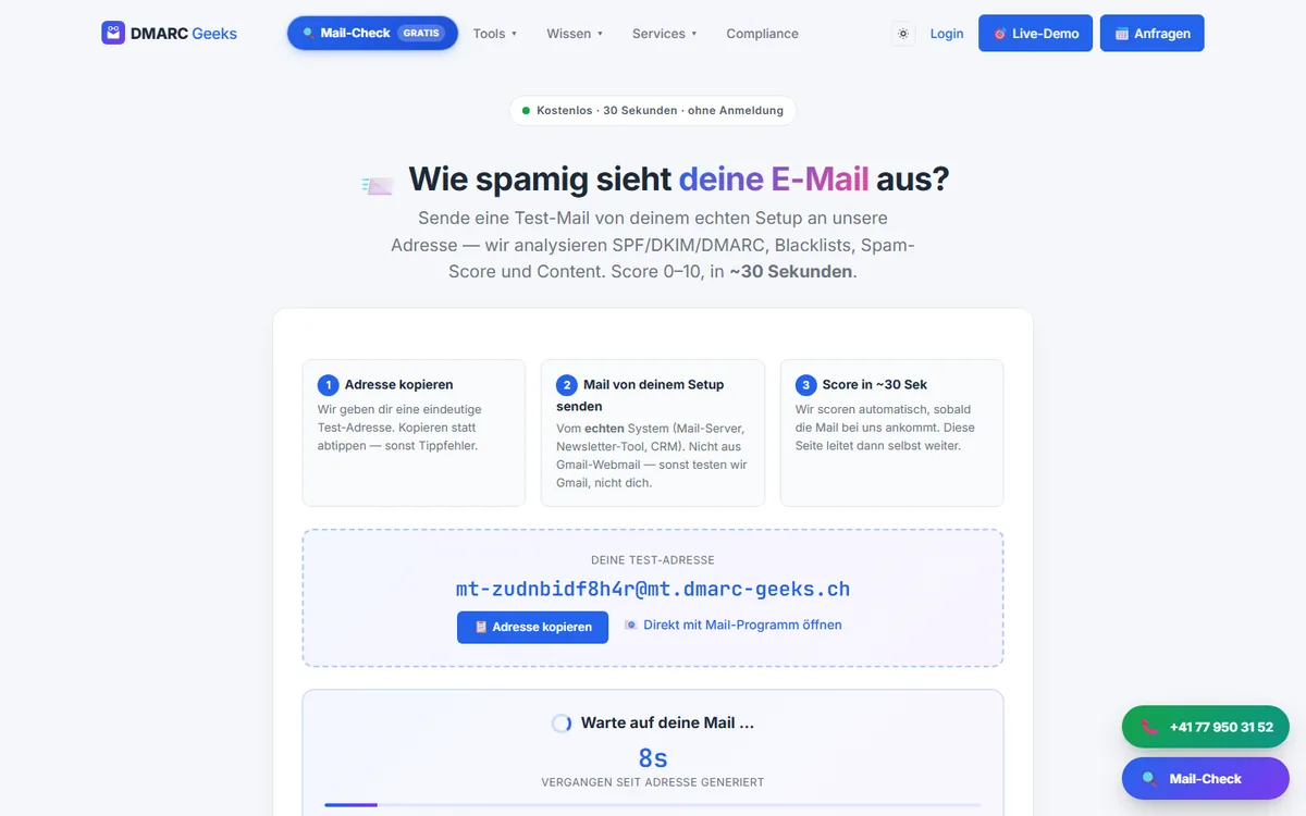 Ergebnis des Mail-Testers von DMARC Geeks mit Bewertung von SPF, DKIM, DMARC und Blacklist-Status