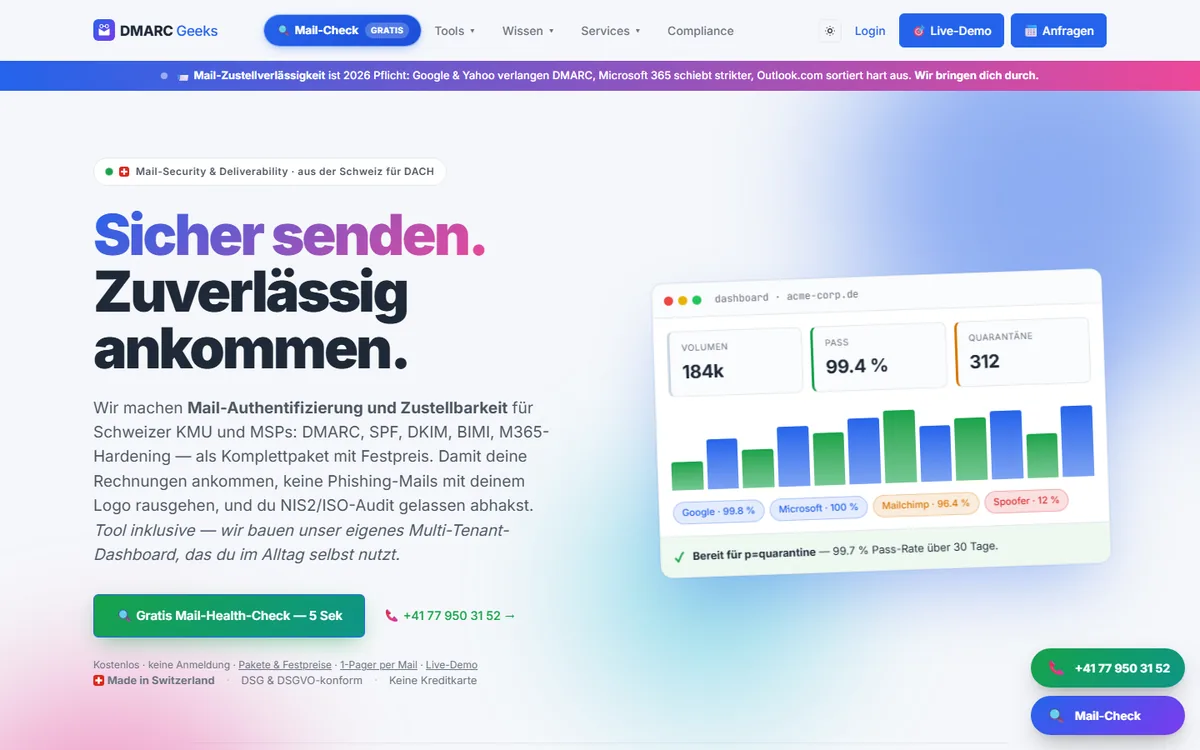 Startseite von DMARC Geeks mit Domain-Check für SPF, DKIM und DMARC